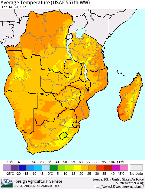 Southern Africa Average Temperature (USAF 557th WW) Thematic Map For 2/14/2022 - 2/20/2022