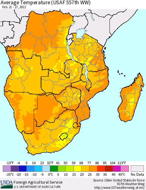 Southern Africa Average Temperature (USAF 557th WW) Thematic Map For 2/21/2022 - 2/27/2022