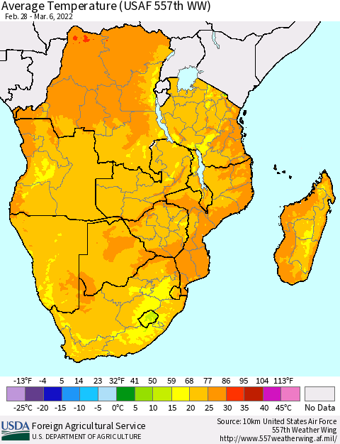 Southern Africa Average Temperature (USAF 557th WW) Thematic Map For 2/28/2022 - 3/6/2022