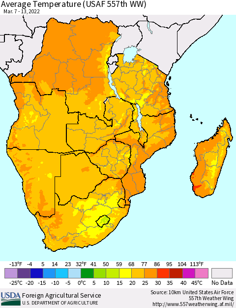 Southern Africa Average Temperature (USAF 557th WW) Thematic Map For 3/7/2022 - 3/13/2022