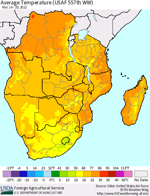 Southern Africa Average Temperature (USAF 557th WW) Thematic Map For 3/14/2022 - 3/20/2022