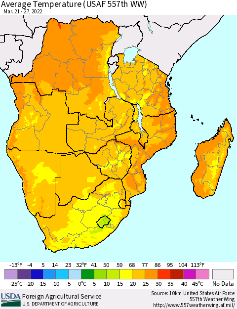 Southern Africa Average Temperature (USAF 557th WW) Thematic Map For 3/21/2022 - 3/27/2022
