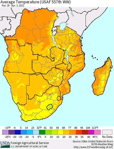 Southern Africa Average Temperature (USAF 557th WW) Thematic Map For 3/28/2022 - 4/3/2022