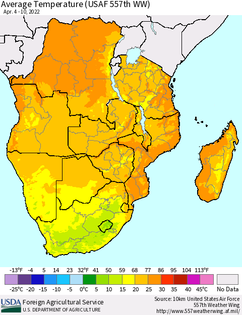 Southern Africa Average Temperature (USAF 557th WW) Thematic Map For 4/4/2022 - 4/10/2022