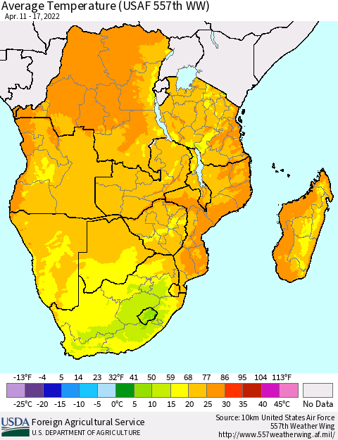 Southern Africa Average Temperature (USAF 557th WW) Thematic Map For 4/11/2022 - 4/17/2022