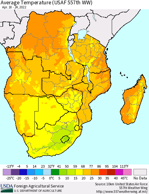 Southern Africa Average Temperature (USAF 557th WW) Thematic Map For 4/18/2022 - 4/24/2022