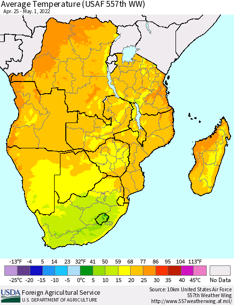 Southern Africa Average Temperature (USAF 557th WW) Thematic Map For 4/25/2022 - 5/1/2022
