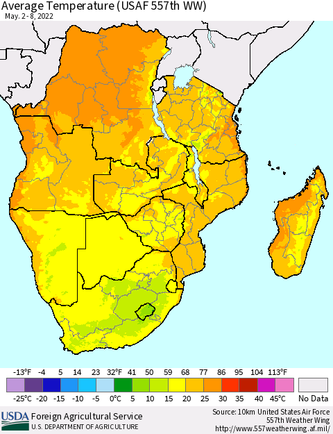 Southern Africa Average Temperature (USAF 557th WW) Thematic Map For 5/2/2022 - 5/8/2022