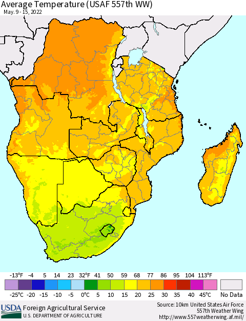 Southern Africa Average Temperature (USAF 557th WW) Thematic Map For 5/9/2022 - 5/15/2022
