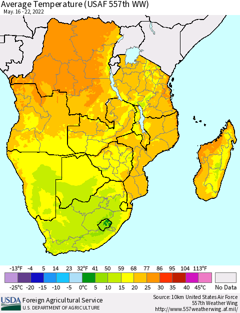 Southern Africa Average Temperature (USAF 557th WW) Thematic Map For 5/16/2022 - 5/22/2022