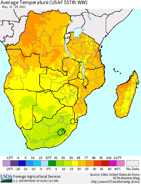 Southern Africa Average Temperature (USAF 557th WW) Thematic Map For 5/23/2022 - 5/29/2022