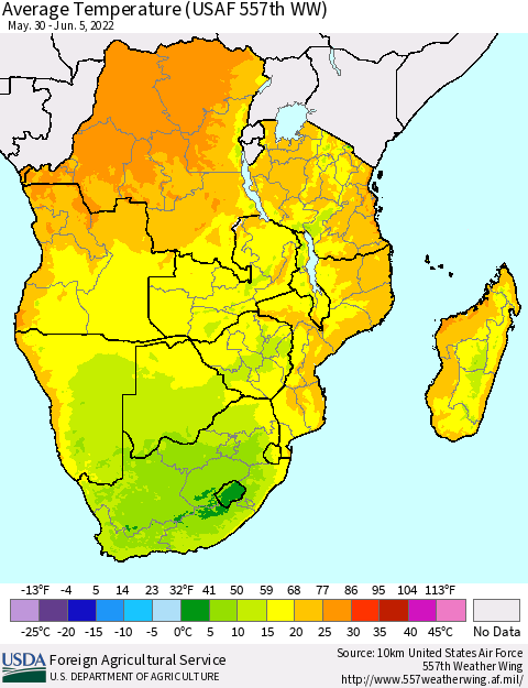 Southern Africa Average Temperature (USAF 557th WW) Thematic Map For 5/30/2022 - 6/5/2022