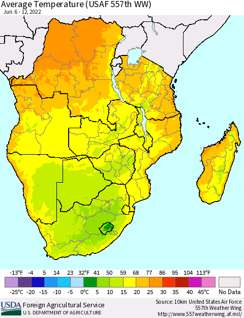 Southern Africa Average Temperature (USAF 557th WW) Thematic Map For 6/6/2022 - 6/12/2022