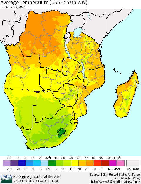 Southern Africa Average Temperature (USAF 557th WW) Thematic Map For 6/13/2022 - 6/19/2022
