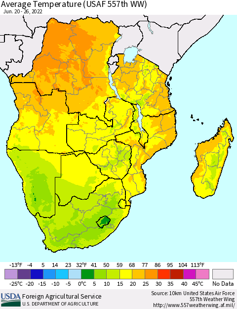 Southern Africa Average Temperature (USAF 557th WW) Thematic Map For 6/20/2022 - 6/26/2022
