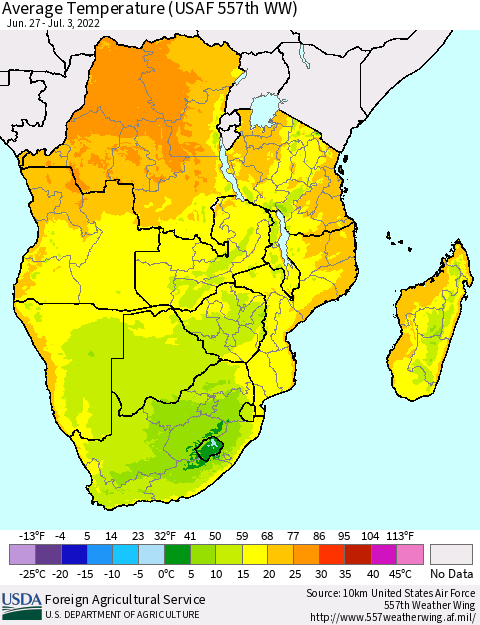 Southern Africa Average Temperature (USAF 557th WW) Thematic Map For 6/27/2022 - 7/3/2022