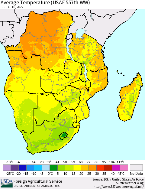 Southern Africa Average Temperature (USAF 557th WW) Thematic Map For 7/4/2022 - 7/10/2022