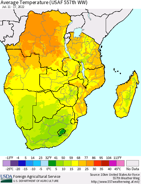 Southern Africa Average Temperature (USAF 557th WW) Thematic Map For 7/11/2022 - 7/17/2022