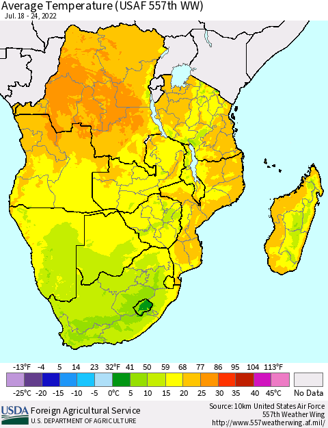 Southern Africa Average Temperature (USAF 557th WW) Thematic Map For 7/18/2022 - 7/24/2022