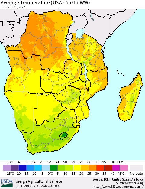 Southern Africa Average Temperature (USAF 557th WW) Thematic Map For 7/25/2022 - 7/31/2022