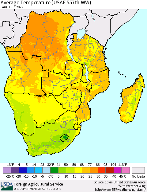 Southern Africa Average Temperature (USAF 557th WW) Thematic Map For 8/1/2022 - 8/7/2022
