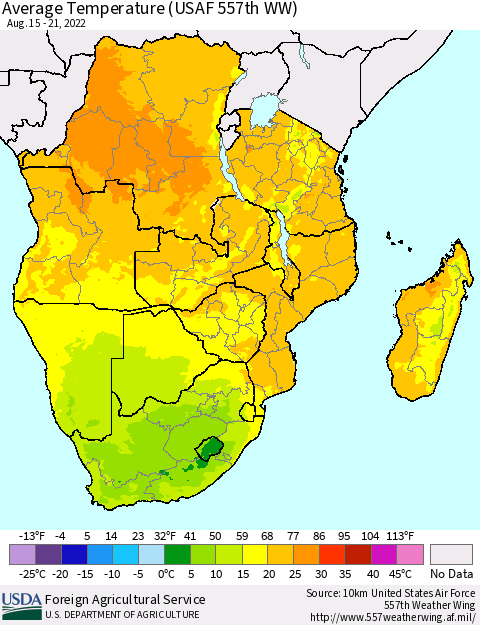 Southern Africa Average Temperature (USAF 557th WW) Thematic Map For 8/15/2022 - 8/21/2022