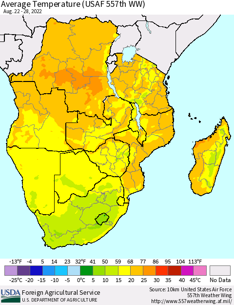 Southern Africa Average Temperature (USAF 557th WW) Thematic Map For 8/22/2022 - 8/28/2022