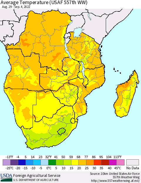 Southern Africa Average Temperature (USAF 557th WW) Thematic Map For 8/29/2022 - 9/4/2022