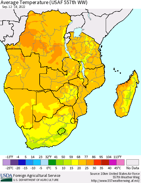 Southern Africa Average Temperature (USAF 557th WW) Thematic Map For 9/12/2022 - 9/18/2022