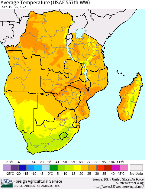 Southern Africa Average Temperature (USAF 557th WW) Thematic Map For 9/19/2022 - 9/25/2022