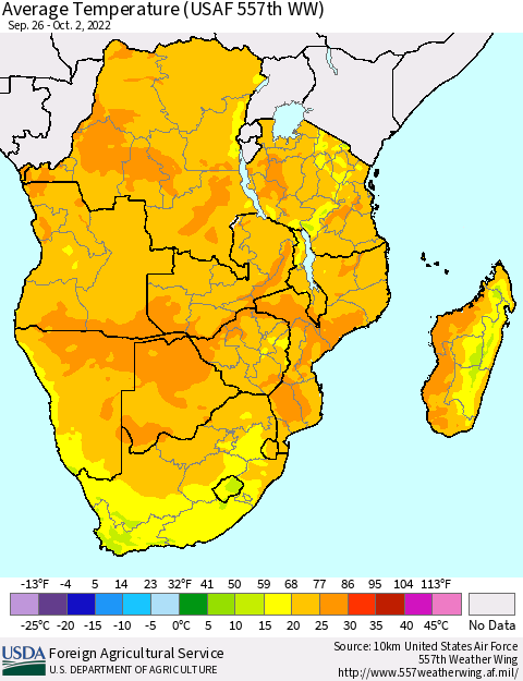 Southern Africa Average Temperature (USAF 557th WW) Thematic Map For 9/26/2022 - 10/2/2022