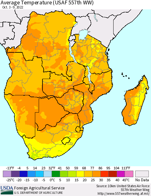 Southern Africa Average Temperature (USAF 557th WW) Thematic Map For 10/3/2022 - 10/9/2022