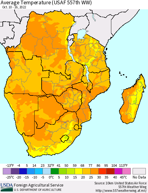 Southern Africa Average Temperature (USAF 557th WW) Thematic Map For 10/10/2022 - 10/16/2022