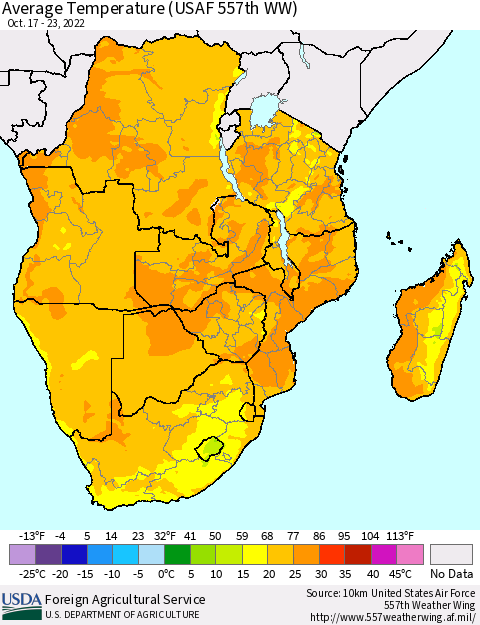Southern Africa Average Temperature (USAF 557th WW) Thematic Map For 10/17/2022 - 10/23/2022