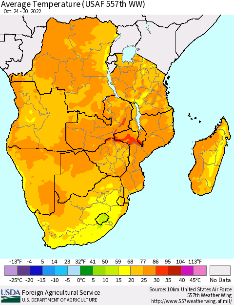 Southern Africa Average Temperature (USAF 557th WW) Thematic Map For 10/24/2022 - 10/30/2022