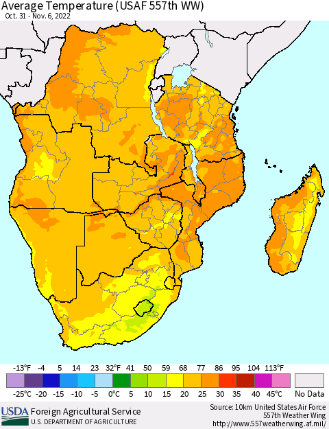 Southern Africa Average Temperature (USAF 557th WW) Thematic Map For 10/31/2022 - 11/6/2022