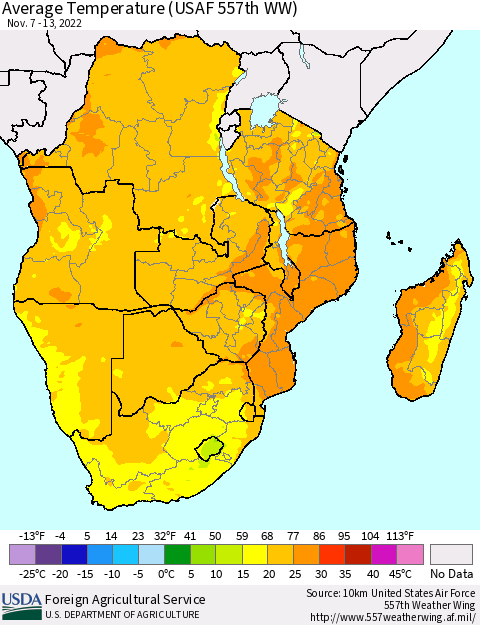 Southern Africa Average Temperature (USAF 557th WW) Thematic Map For 11/7/2022 - 11/13/2022