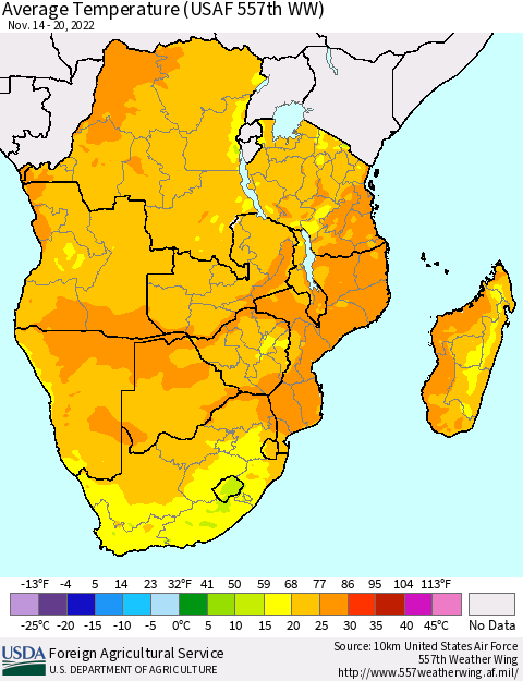 Southern Africa Average Temperature (USAF 557th WW) Thematic Map For 11/14/2022 - 11/20/2022
