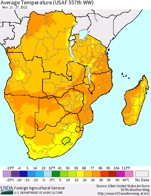 Southern Africa Average Temperature (USAF 557th WW) Thematic Map For 11/21/2022 - 11/27/2022