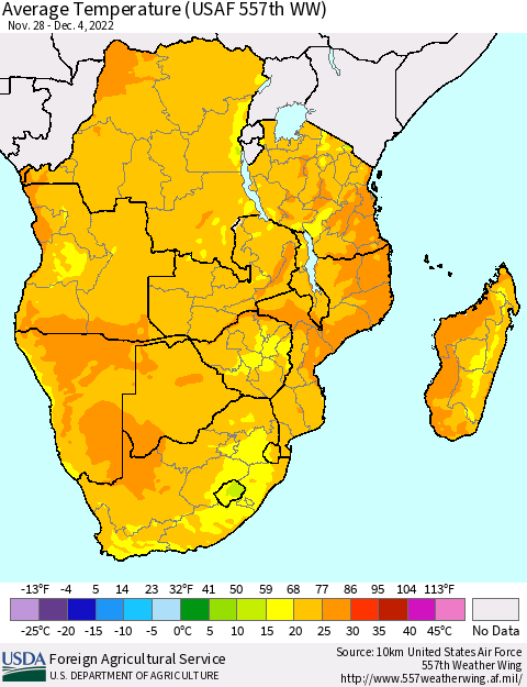 Southern Africa Average Temperature (USAF 557th WW) Thematic Map For 11/28/2022 - 12/4/2022