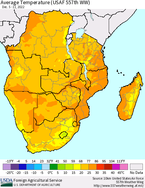 Southern Africa Average Temperature (USAF 557th WW) Thematic Map For 12/5/2022 - 12/11/2022