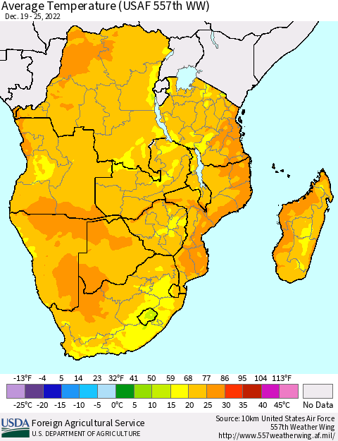 Southern Africa Average Temperature (USAF 557th WW) Thematic Map For 12/19/2022 - 12/25/2022