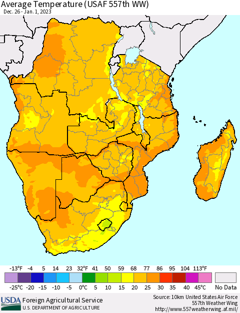 Southern Africa Average Temperature (USAF 557th WW) Thematic Map For 12/26/2022 - 1/1/2023