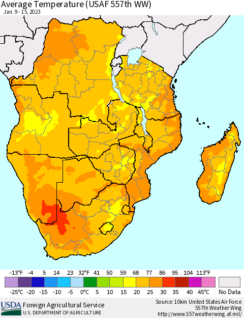 Southern Africa Average Temperature (USAF 557th WW) Thematic Map For 1/9/2023 - 1/15/2023