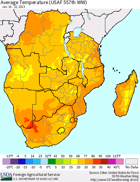 Southern Africa Average Temperature (USAF 557th WW) Thematic Map For 1/16/2023 - 1/22/2023
