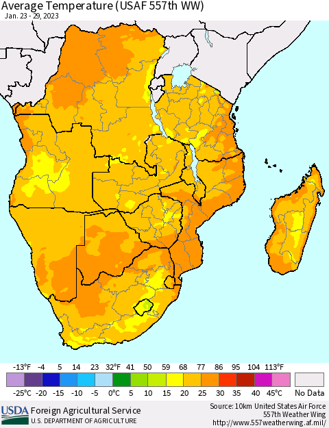 Southern Africa Average Temperature (USAF 557th WW) Thematic Map For 1/23/2023 - 1/29/2023