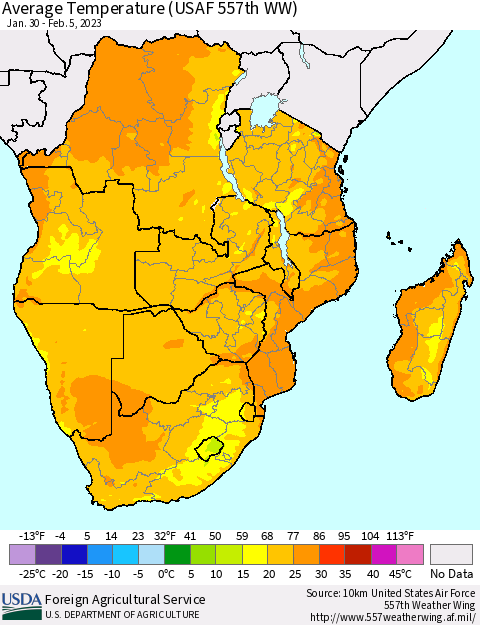 Southern Africa Average Temperature (USAF 557th WW) Thematic Map For 1/30/2023 - 2/5/2023