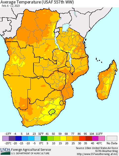 Southern Africa Average Temperature (USAF 557th WW) Thematic Map For 2/6/2023 - 2/12/2023