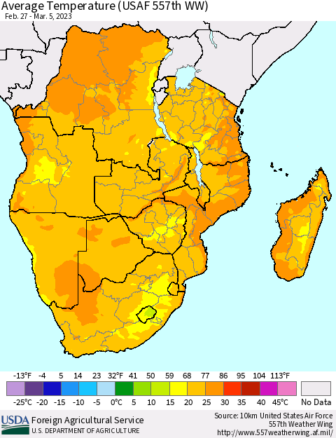Southern Africa Average Temperature (USAF 557th WW) Thematic Map For 2/27/2023 - 3/5/2023