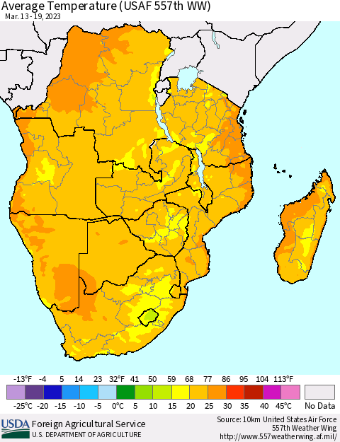 Southern Africa Average Temperature (USAF 557th WW) Thematic Map For 3/13/2023 - 3/19/2023